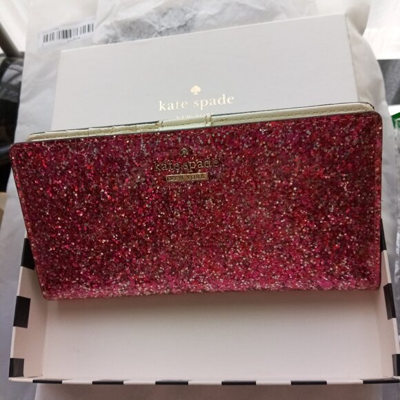 Kate Spade Madison Pink glitter Large Slim Bifold Wallet with box - Picture 1 of 15